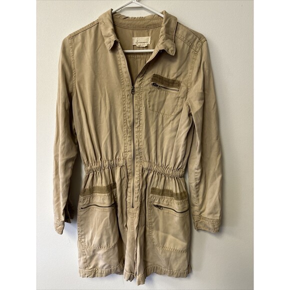 Anthropologie Tan Utility Romper Shorts Collared Zip Pockets Jumpsuit Size Small - Picture 1 of 8
